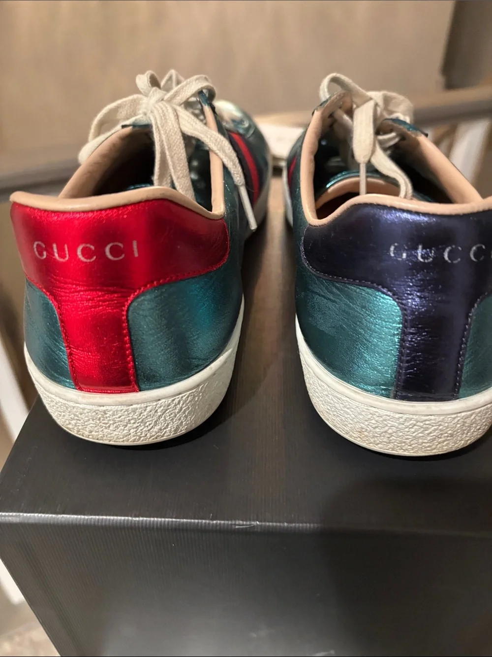 Gucci Metallic Teal Rainbow Embroidered Ace Sneakers